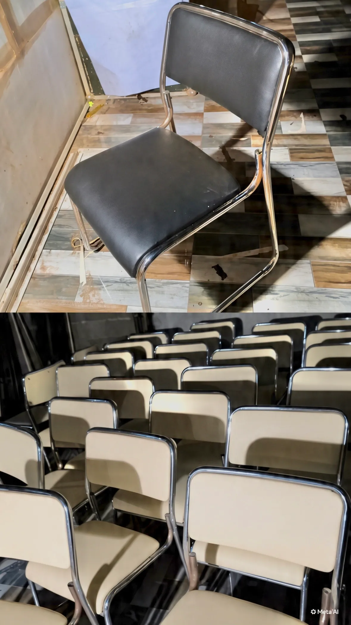 Rows of chrome-frame stacking chairs in cream vinyl filling a hall, the nearest two turned to face the camera